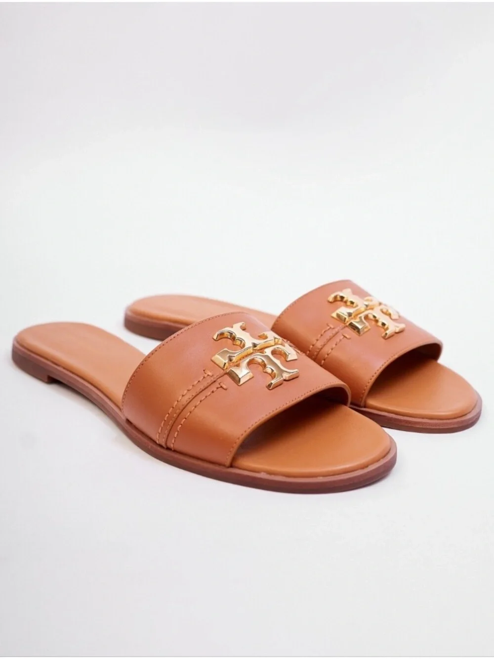 Tory Burch Cognac Leather Slide Sandals with Gold Logo